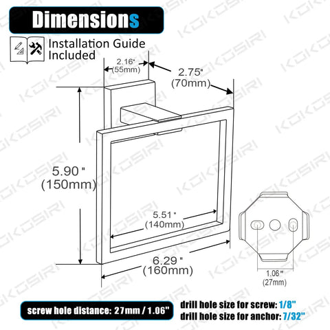 Diagram of 2 Pack Matte Black Stainless Steel Towel Ring And Shower Towel Hanger Set For Bathroom Wall Mount Lavatory Rustproof.