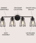 Sleek Oil Rubbed Bronze Modern Industrial Vanity Light with four-light setup, metal cage shade, dimmer compatible, LED bulbs included.
