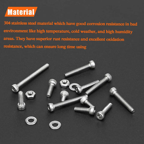 Kickass 304 Stainless Steel Hex Socket Head Cap Bolt Kit With Matching Flat Washers And Hex Nuts Total 420 Piece Assortment showing assorted stainless steel bolts and nuts.