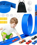 20 Foot Flexible Race Track Toy Kit With Four Race Cars And Suction Cups Rolls Up Portable DIY Anti Gravity Track Set For Kids Blue