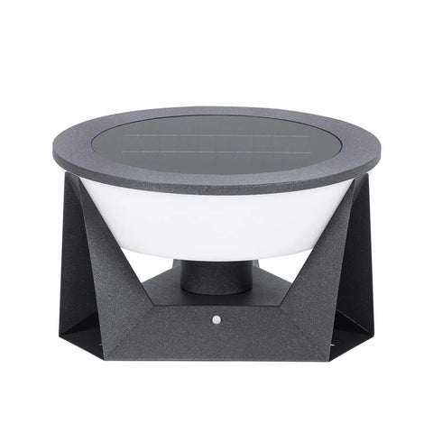 Solar Post Lights Outdoor 14.96 Inch IP54 Waterproof Pillar Lamps for Patio Fence, round top, black base, dusk to dawn