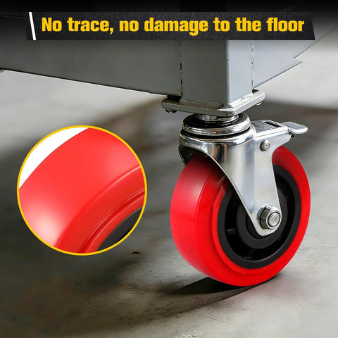 Close-up of red 6 Inch Polyurethane Caster Wheel Set Of Four Heavy Duty Load Capacity 4000 Lbs with dual ball bearings on trolley
