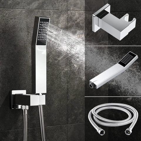 All-In-One Bathroom Rain Shower System With 12 Inch Square Shower Head And Handheld Sprayer, chrome faucet and hose detail