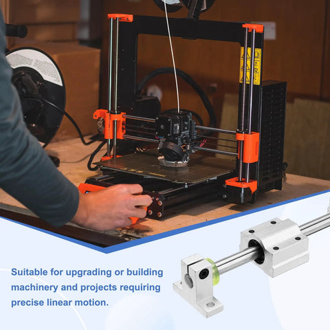 3D printer with 10mm x 650mm Linear Motion Rod and SC10UU bearing, ideal for upgrades. Includes Beefy 10mm By 650mm Linear Motion Rod Guide Kit With 2 SC10UU Ball Bearings 2 SK10 Aluminum Rail Supports End Caps For Smooth 3D Printer And CNC Machine Upgrades.