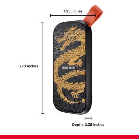 Dragon Edition 1TB Portable SSD With USB C And USB 3.2 Gen 2 Up To 800 MBps, black with gold dragon design, dimensions marked