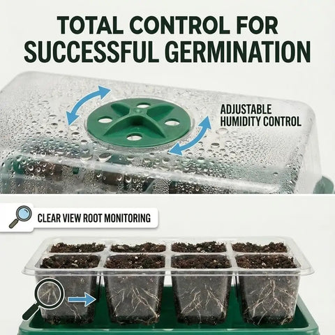 Close-up of All In One Seed Starter Kit With Grow Light showing adjustable humidity dome and clear cell trays with visible roots