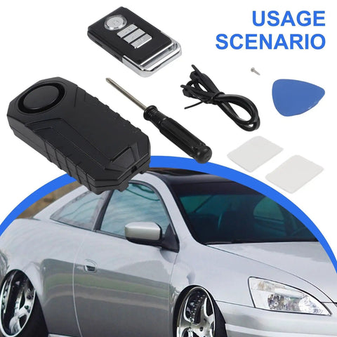 Lock Down Your Ride With This Slick 113dB Wireless Bike Alarm, Featuring A Hype Beating Vibration Sensor That Screams At Thieves And Lets You Control It Remotely From 66 Feet Away In Total Black Style. black wireless alarm kit for car use, with remote, wiring, screwdriver, and mount pads
