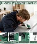 Front view of green EYPINS mini pneumatic chamfering tool beveling a metal edge on a bar