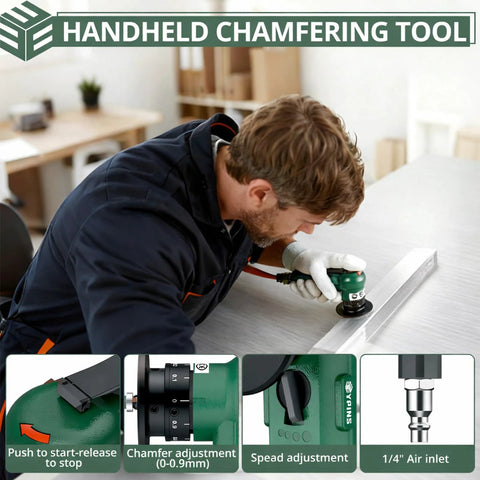 Front view of green EYPINS mini pneumatic chamfering tool beveling a metal edge on a bar
