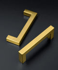 40 Pack Three And Three Quarter Inch Square Cabinet Handles In Brushed Brass Finish With Stainless Steel Build, angled view