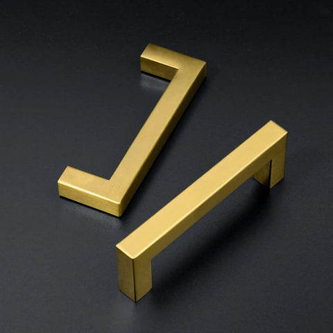 40 Pack Three And Three Quarter Inch Square Cabinet Handles In Brushed Brass Finish With Stainless Steel Build, angled view