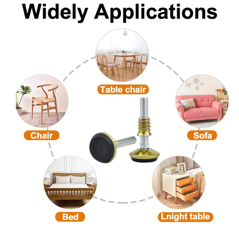No Sweat Swivel Furniture Leg Levelers Built For Adjustable Glide Tips Heavy Duty Stainless Steel T Nut Foot Cups For Sofas Dining Chairs Laminate Floors Zero Noise Anti Scratch Protectors Four Pack Gold image demonstrating applications on various furniture.