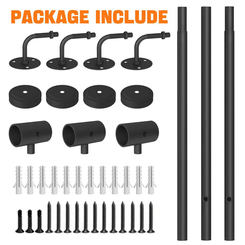 Components of Top Shelf 7 Foot Industrial Pipe Stair Handrail in matte black, including pipes and mounting hardware.