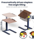 Pneumatic height adjustable rolling end table, solid wood, ergonomic tilt, mobile laptop desk, slides under sofa, 20.6x15.7 inches.