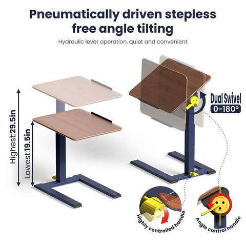 Pneumatic height adjustable rolling end table, solid wood, ergonomic tilt, mobile laptop desk, slides under sofa, 20.6x15.7 inches.