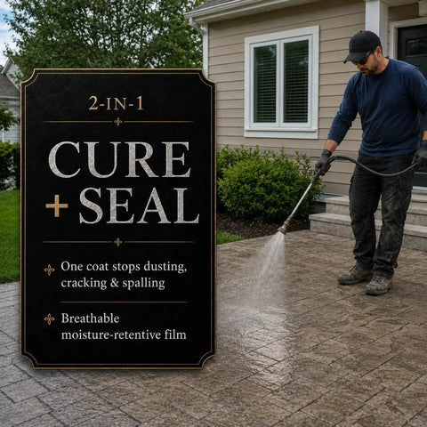 Professional Acrylic Concrete Cure And Seal For Pool Decks And Garages applied to textured surface with spray nozzle.