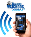 Wireless Monitoring Hub For Battery Backup Sump Pumps Pushing Instant Phone Alerts displayed on a smartphone with signal icons.