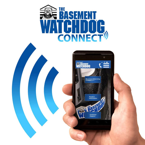 Wireless Monitoring Hub For Battery Backup Sump Pumps Pushing Instant Phone Alerts displayed on a smartphone with signal icons.