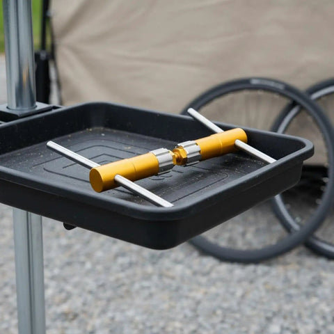 Pro Grade Bottom Bracket Thread Repair Tool And Thread Chaser For BC1.37x24T Bikes, gold metal tool on tray