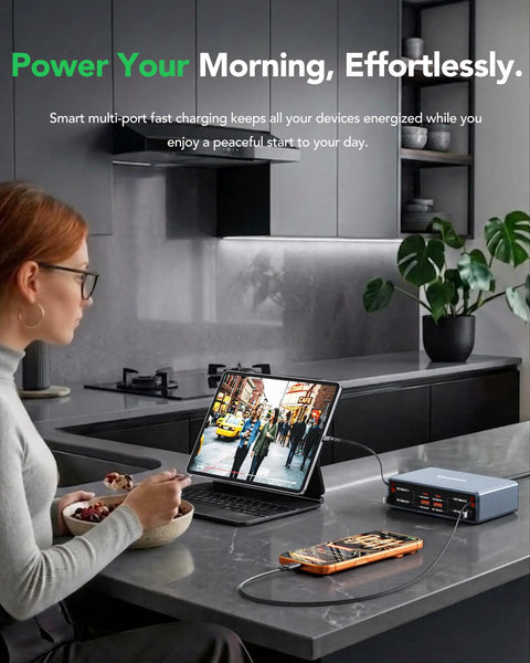 8-In-1 Retractable Charging Dock For iPhone Samsung Galaxy Pixel And iPad 105W Max USB-C Hub on kitchen counter with devices