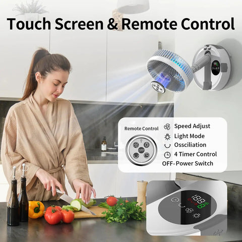Woman using 20000mAh Portable Fan With Battery, 8 Inch Oscillating Fan For Camping And Travel, Remote Control LED Light, Foldable