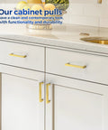 Gold Cabinet Pulls 10 Pack Five Inch Square Drawer Handles installed on white kitchen cabinets