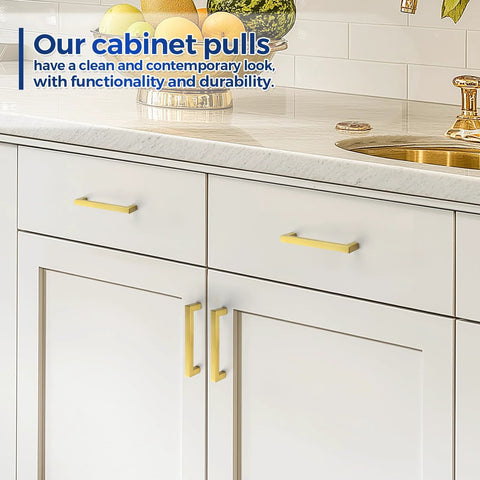 Gold Cabinet Pulls 10 Pack Five Inch Square Drawer Handles installed on white kitchen cabinets