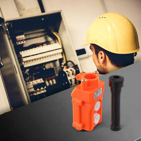2 Way Push Button Switch Rainproof Hoist Pendant Controller for Outdoor Cranes, Rugged Weatherproof Industrial Switch With Rubber Sleeve, AC 500V 2A Capacity, Beefy Heavy Duty, Easy Setup, Orange Red Device, orange hoist pendant with rubber sleeve and black boot
