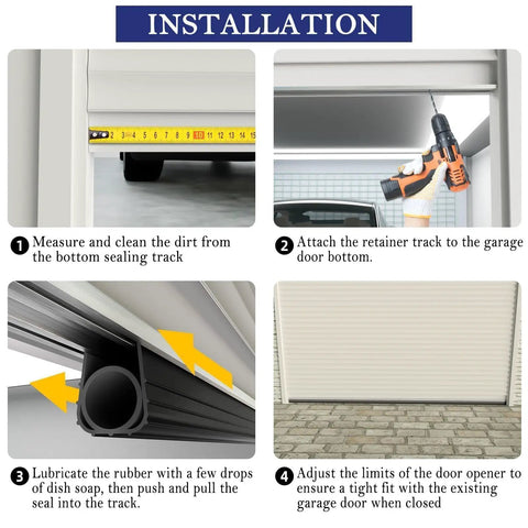 Step-by-step installation guide for All Weather Garage Door Seal Kit With Aluminum Track Retainer, 16.5 Ft Bottom Weather Stripping.