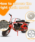 Illustration showing Beefy 420 Drive Chain For Mini Bikes With 42 Front And 90 Rear Links, including sprockets and chain details.