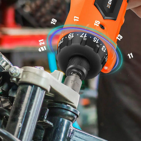 Close-up of 8V Cordless Screwdriver Kit With 82 Piece Accessory Set, 10Nm Max Torque, adjusting a bolt on machinery