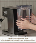 Top Shelf No Fuss 20 Bar Espresso Machine With Built In Grinder And Fast Milk Frother Stainless Steel All In One Coffee Maker Featuring Easy Lcd Display, showing 57.5oz removable water tank.