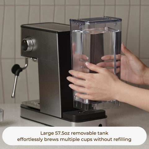 Top Shelf No Fuss 20 Bar Espresso Machine With Built In Grinder And Fast Milk Frother Stainless Steel All In One Coffee Maker Featuring Easy Lcd Display, showing 57.5oz removable water tank.