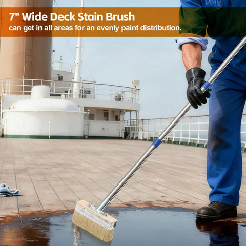 Worker using Long Handle Deck Stain Brush With 64 Inch Adjustable Shaft And 8 Inch Paint Brush Included on ship deck