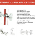270 Degree Zinc Alloy Full Open Folding Cabinet Wardrobe Hinge with nickel plating and 3D adjustment for furniture installation