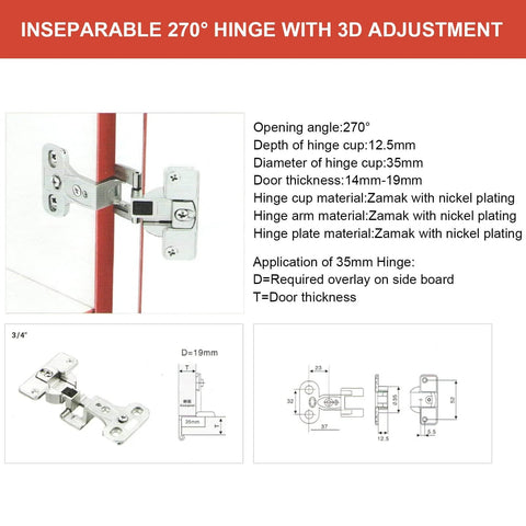 270 Degree Zinc Alloy Full Open Folding Cabinet Wardrobe Hinge with nickel plating and 3D adjustment for furniture installation