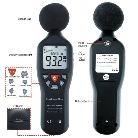 Front and back view of Go-To Portable Decibel Meter With Data Logger, 30 To 130 dB Range, Pro-Grade Sound Level Meter For Home Office And Outdoors.