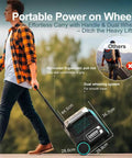 Man pulling Portable Power Station 2048Wh LiFePO4 Battery Solar Generator with wheels and handle outdoors