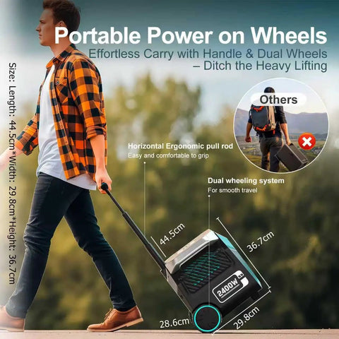 Man pulling Portable Power Station 2048Wh LiFePO4 Battery Solar Generator with wheels and handle outdoors