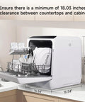 Portable Countertop Dishwasher With Integrated Water Tank And Quick Connect Faucet Five Wash Cycles Low Key Quiet Sound showing 5L capacity and dimensions.