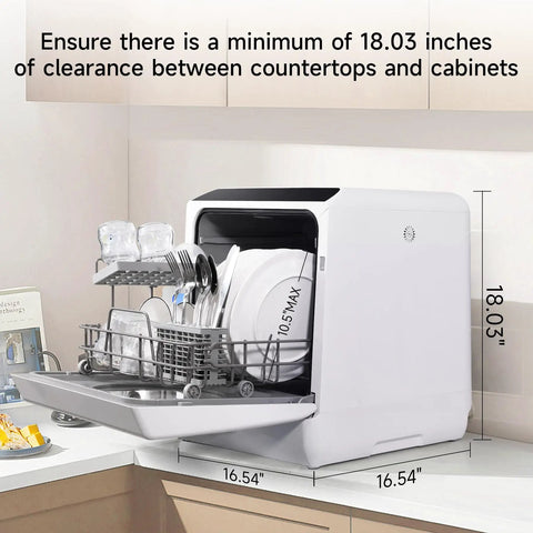 Portable Countertop Dishwasher With Integrated Water Tank And Quick Connect Faucet Five Wash Cycles Low Key Quiet Sound showing 5L capacity and dimensions.