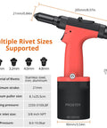 Professional Pneumatic Rivet Nut Gun Featuring Automatic Self Suction Loading And Four Quick Swap Nosepieces For Smooth Single Hand Operation, red and black design, multiple rivet sizes supported.