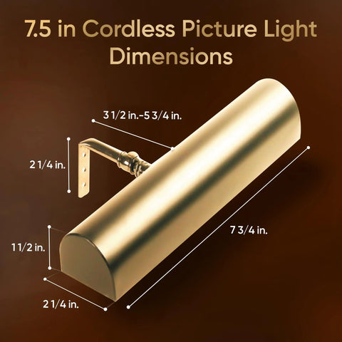 Wireless Battery Operated Picture Light With Remote Control No Wires Needed Dimmable Wall Mount Polished Brass 7.75 Inch LED