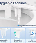 Dual Nozzle Bidet Attachment For Toilet Seat No-Fuss Non-Electric Easy Slide-In Install 360 Self-Clean features diagram