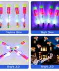60 Pack LED Arrow Helicopter Slingshot Toys For Kids showing daytime and night glow, suitable for backyard fun and parties.