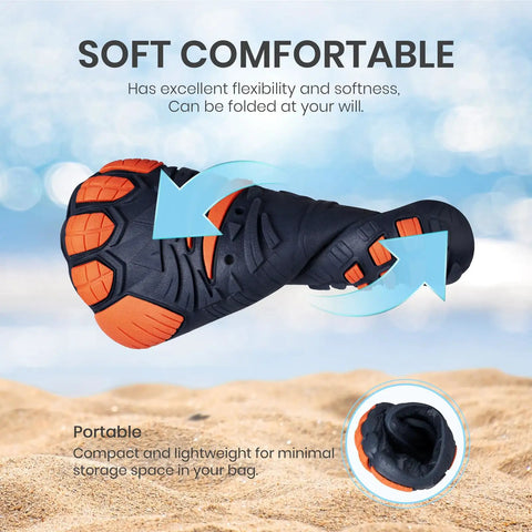 Kids Barefoot Water Shoes with Kid Friendly Wide Toe Box, flexible black and orange sole, folded on sand