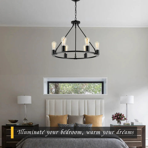 Black Wagon Wheel Chandelier, 6-Light Rustic Modern Farmhouse Pendant for dining room over table, ceiling fixture in bedroom.