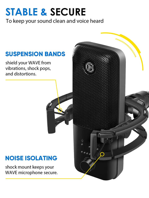 Wave Mic Shock Mount For Elgato Wave:1 And Wave:3, Custom Built Anti Vibration Suspension Clip with noise isolating features displayed
