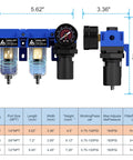 One Quarter Inch NPT Compressed Air Dryer And Air Pressure Regulator Filter Combo With Two 5 Micron Cartridges, All In One Filtration set in blue metal bracket, product dimensions and specifications displayed.