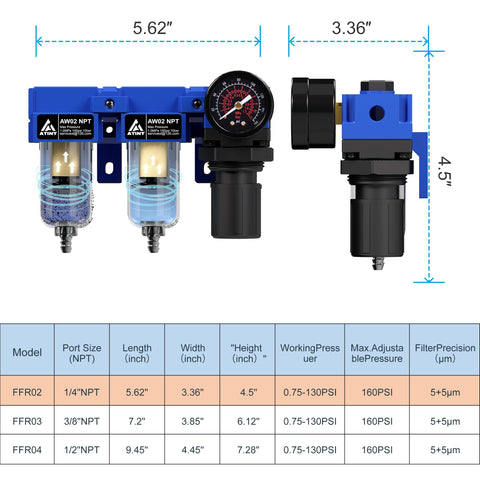 One Quarter Inch NPT Compressed Air Dryer And Air Pressure Regulator Filter Combo With Two 5 Micron Cartridges, All In One Filtration set in blue metal bracket, product dimensions and specifications displayed.